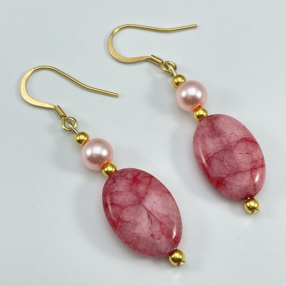 18K Gold Plated Pink Quartz Pink Glass Pearl Beaded Dangle Earrings Boho Cute